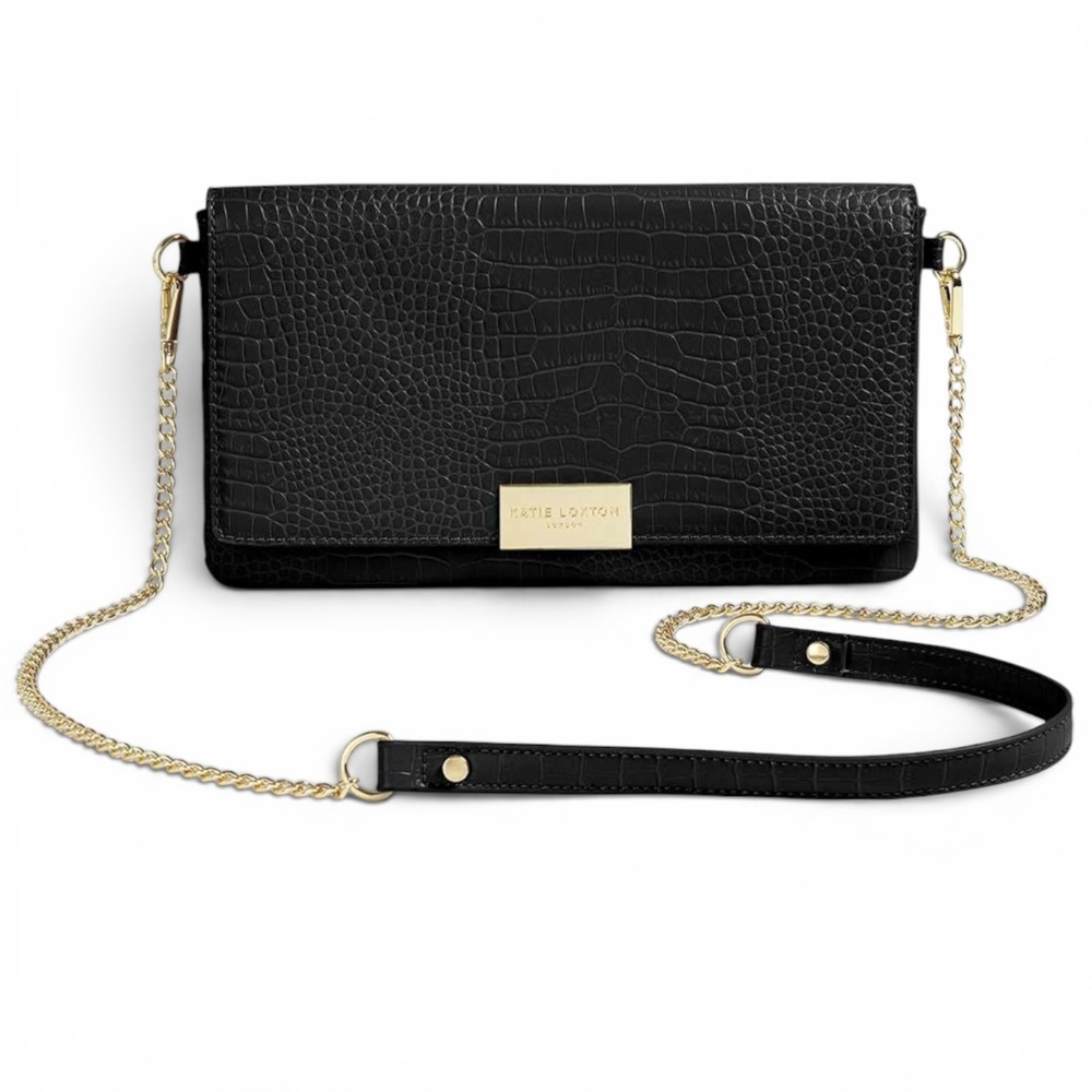 Katie Loxton NWT Black Croc Vegan Leather Crossbody Bag Gold Chain Clutch